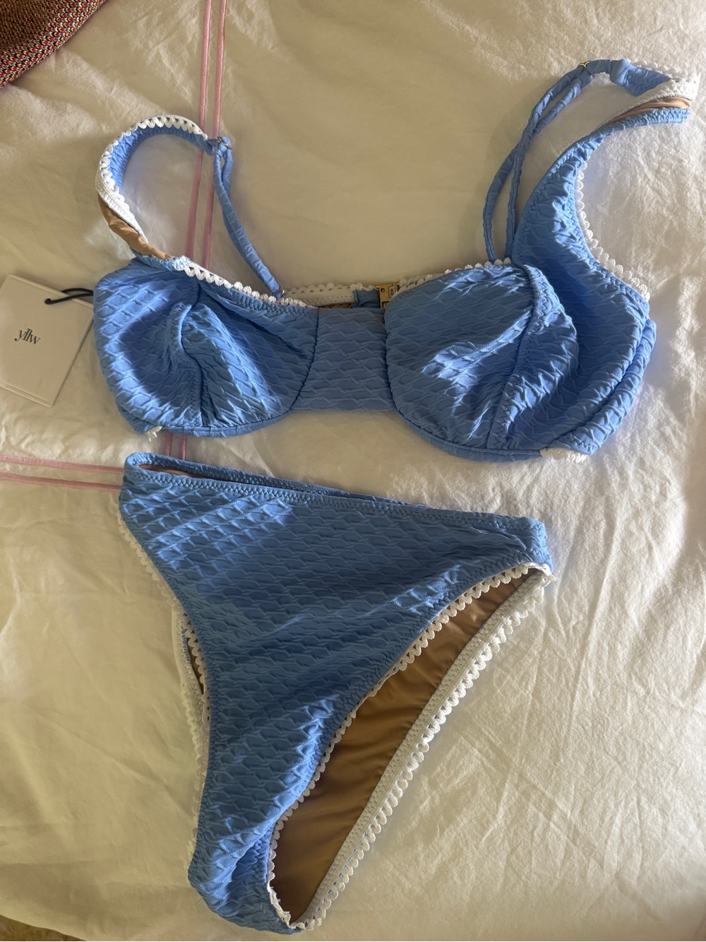 Yellow the Label Sky Blue Textured Bikini Set with White Trim